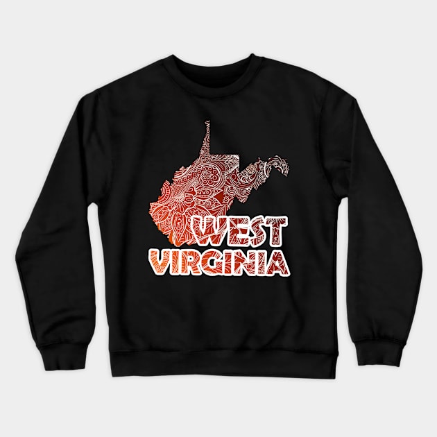 Colorful mandala art map of West Virginia with text in brown and orange Crewneck Sweatshirt by Happy Citizen